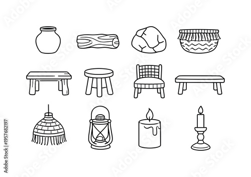Line style vector icons of earthy afro bohemian style: clay, wood, stone, fiber; table, stool, chair, bench; lamp, lantern,
