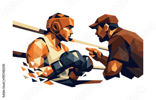 Low-poly vector illustration of a boxer receiving coaching in the ring corner, angular faceted head and shoulders turned toward a