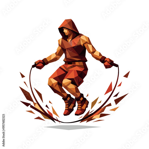 Low-poly vector illustration of a boxer jumping rope, angular faceted body in mid-air with knees slightly bent and arms swinging