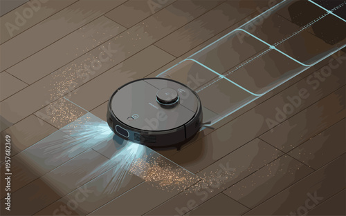 Smart Robotic Vacuum Cleaner Cleaning Dust on Wooden Floor, Flat Vector Illustration