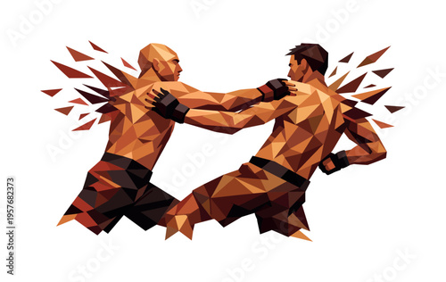 Forceful Fighter Separation. Low-poly vector illustration of two fighters in a clinch break, angular faceted bodies twisting