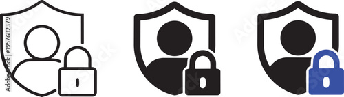 Secure Profile: A collection of security shield icons, each depicting a person profile secured by a padlock, symbolizing protection and privacy.