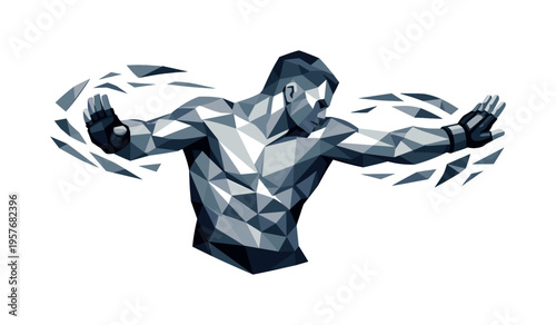 Low-poly vector illustration of a fighter initiating a clinch break, faceted angular torso coiling with bent arms pushing outward