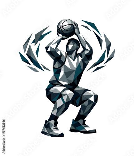 Low-poly vector illustration of a basketball player preparing for a jump shot, faceted angular shoulders and torso coiling with