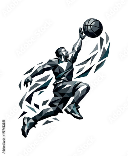 Low-poly vector illustration of a basketball player leaping for a block swat, faceted angular shoulders and torso coiling with