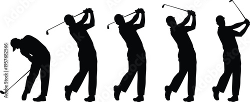 Black silhouettes of man swinging golf club sequence golfer white background