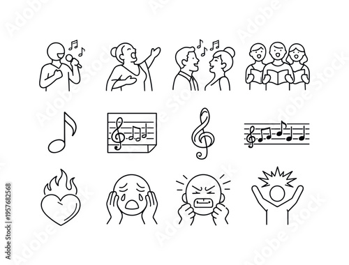 Line style vector icons of dramatic performance mood: singer, aria, duet, chorus; musicnote, score, clef, staff; passion, emotion