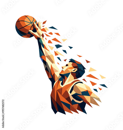 Low-poly vector illustration of a basketball player mid-block swat, angular faceted limbs frozen in upward motion with hand