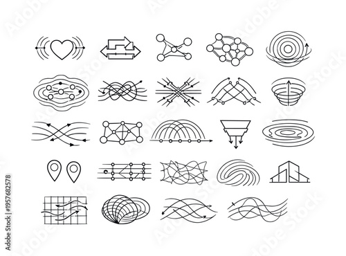 Line vector icons of cultural reconstruction through digital diffusion: like-distribution arcs, repost vectors, trend-propagation