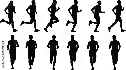 Black silhouettes of people running white background