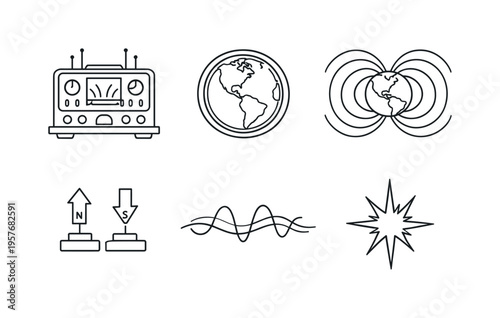 Line vector icons of a device visualizing Earth’s magnetic field (Earth-field visualizer): device contour, planet frame, magnetic