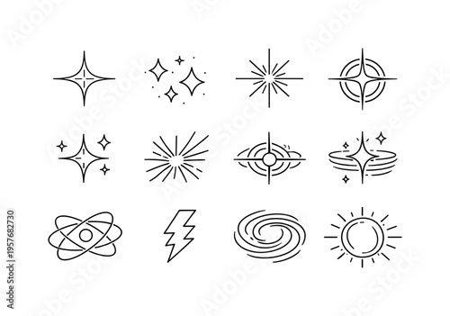 Stellar Light Icons. Line style of stellar light vector icons: glowline, stardust, sparkle, flare; shimmer, twinkle, flash, glint;