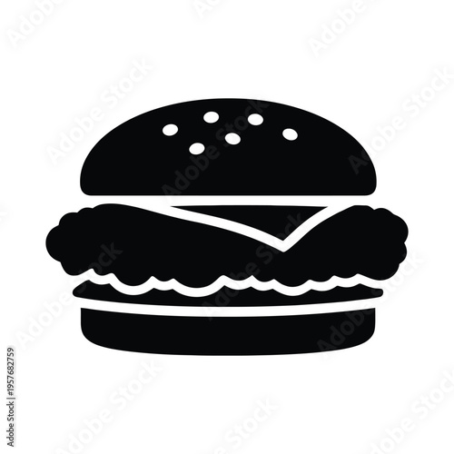 A minimalist black and white vector icon of a classic cheeseburger with a sesame seed bun top