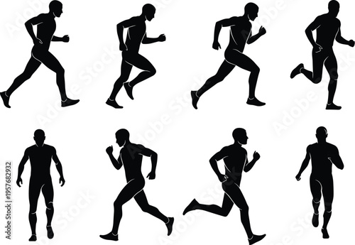 Black silhouettes of men running on white background