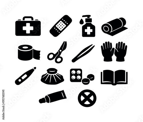 First Aid Essentials. Solid vector icons of first aid: first aid kit, bandage, antiseptic, gauze, scissors, tweezers, gloves,