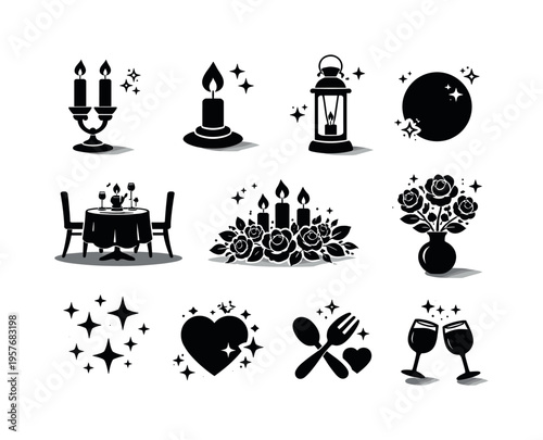 Candlelit Dinner Icons. Solid vector icons of candlelight dining: candlestick, flame, lantern, glow, shadow, tablecloth,