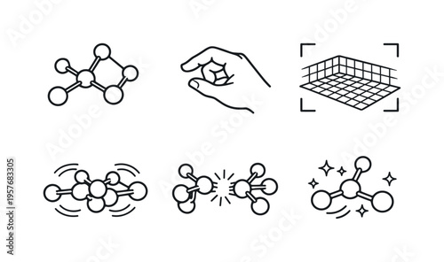 Line vector icons of a molecule that can be assembled and disassembled by hand in AR (AR molecule play): atomic nodes, bond links