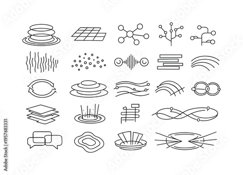 Line vector icons of a data-driven hologram conversational partner: hologram-frame rings, projection-grid tiles, dialogue-flow