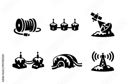 Solid style icons of communication through ice: tether spool, signal repeater nodes, data uplink beam, relay anchors, cable