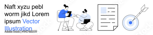 Business collaboration, teamwork, communication, goal setting, documentation management, marketing strategy. Two people sharing ideas, document and target symbol. Teamwork and goal setting concepts