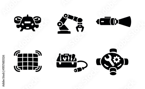 Solid style icons of submersible maintenance systems: maintenance sub drone, manipulator arm, inspection beam, structural scan