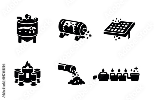 Solid style icons of mineral-processing on-site units: separator tank, crushing drum, filtration mesh, refining core, waste