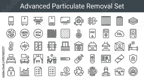 Collection of icons representing advanced particulate removal and air quality management systems