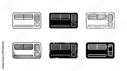 Collection of air conditioner icons in various styles, from line art to distressed grunge