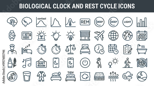 Biological clock and rest cycle icons for sleep, health, and wellness concepts