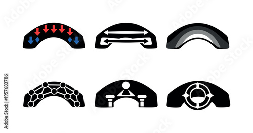 Solid style icons of stress distribution in bone-like bridges: pressure-flow map, tension–compression bars, gradient stress arcs,
