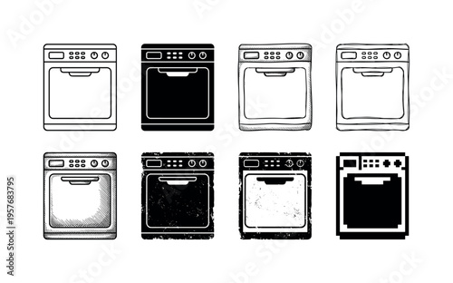 Collection of diverse dishwasher icons and illustrations in various styles