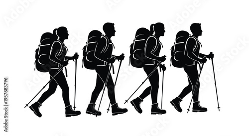 Four black silhouettes of hikers walking in a line with backpacks and trekking poles against a white background.