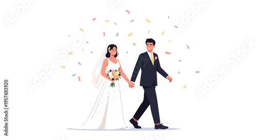 Illustration of a bride and groom walking hand in hand with confetti falling around them on a white background.
