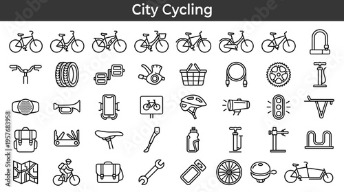 Collection of city cycling icons and equipment for urban transportation and recreation