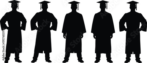 Black silhouettes of five graduates in caps and gowns graduation