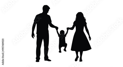 Silhouette of a family with a man and woman holding hands with a toddler against a white background.
