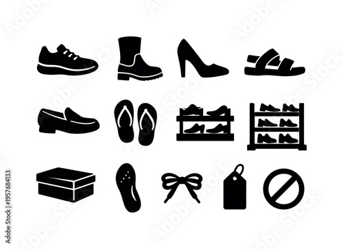 Solid vector icons of shoe store: sneaker, boot, high heel, sandal, loafer, flip flop, display shelf, shoe rack, shoebox, insole,