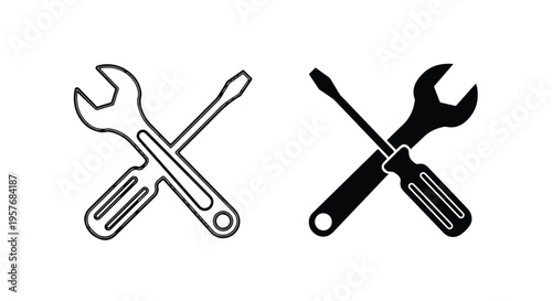 Black and white illustration of crossed wrenches and screwdrivers on a plain white background.