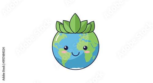 Cute cartoon planet Earth with a smiling face and a crown of green succulent leaves, representing environmental care