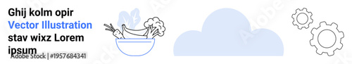 Food, technology, data workflow, cloud storage, cooking instructions, kitchen management. A bowl of food, a cloud and gear icons are . Food and technology concepts
