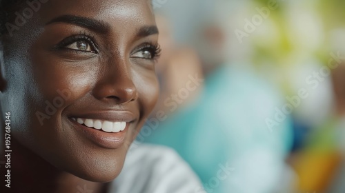 Smiling African woman with dark skin and bright eyes, showcasing healthy teeth, in a blurred background of colorful indoor setting with soft lighting Free Download Smiling African woman with dark skin and bright eyes, showcasing healthy teeth, in a blurred background of colorful indoor setting with soft lighting - GFXLoad