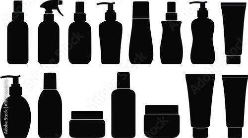 Black silhouettes of various cosmetic bottles and tubes