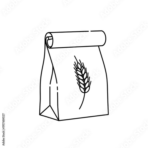 Simple illustration of a paper bag with wheat emblem symbolizing grain or flour isolated on transparent background