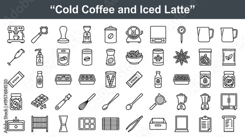 Collection of icons for cold coffee and iced latte preparation and ingredients
