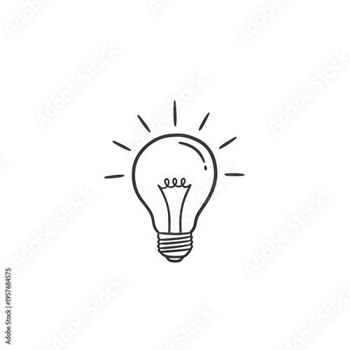 Simple line drawing of a lit light bulb with glowing filament isolated on transparent background