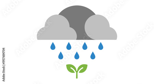 Flat illustration of a gray cloud with raindrops and a green sprout on a white background.
