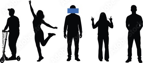 Five black silhouettes of people against white background scooter