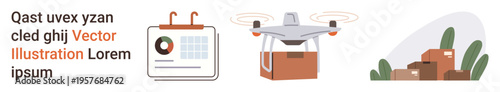 Logistics, delivery services, e-commerce, shipping solutions, modern transportation, and scheduling. A quadcopter carrying a package, calendar and stacked packages. Logistics and delivery services