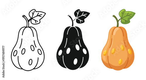 Three stylized pears in black and white, line art, and orange with yellow spots against a clean white background.