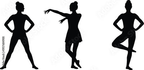 Three black silhouettes of women in different dance poses